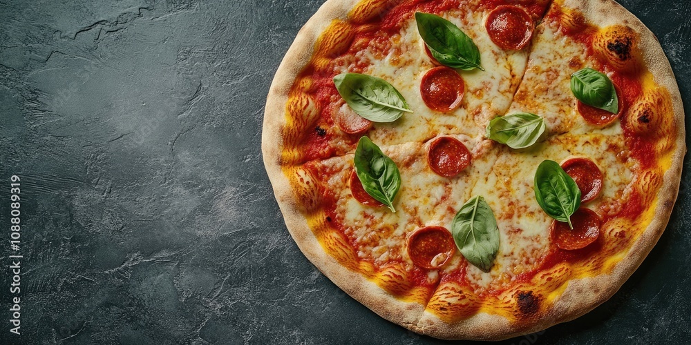 Poster top view of fresh pizza on a gray table