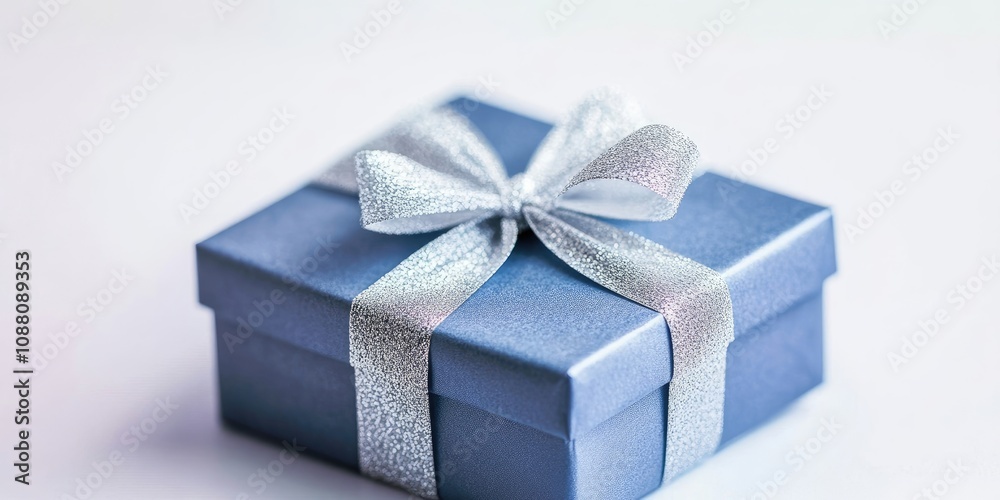 Poster a gift in a blue box with a silver ribbon on a table set against a white background in close-up.