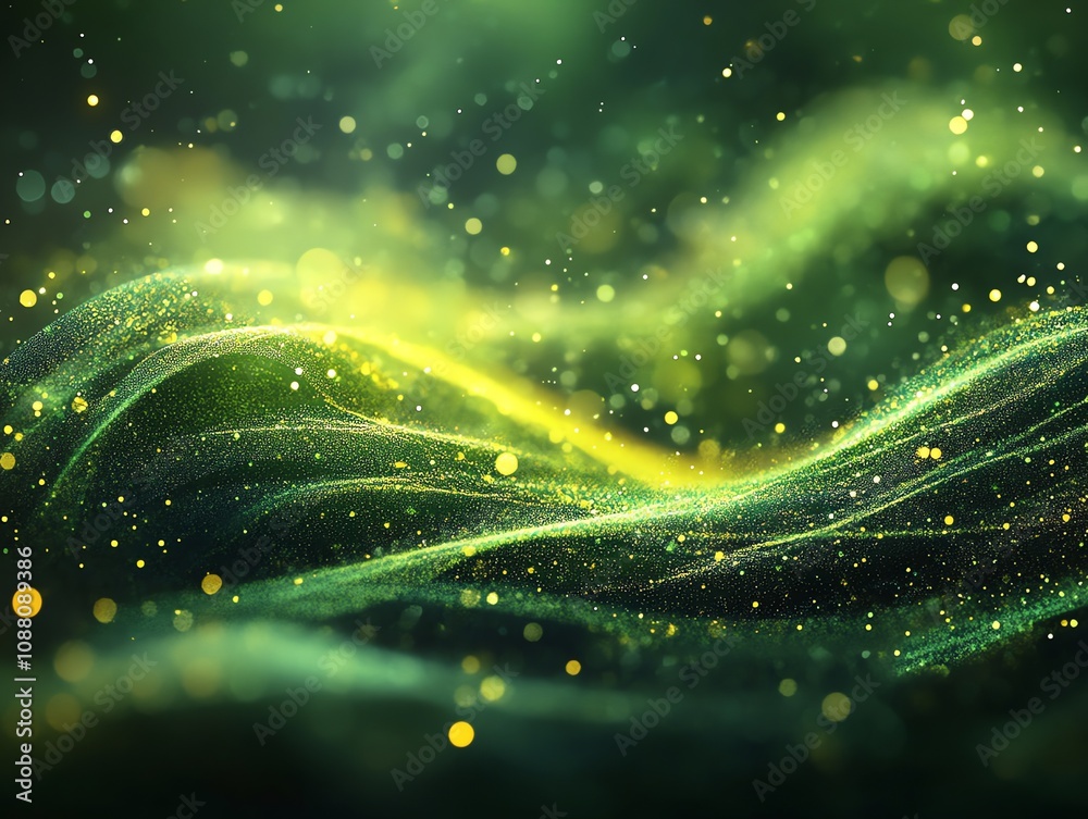 Poster abstract green and yellow particle wave background.
