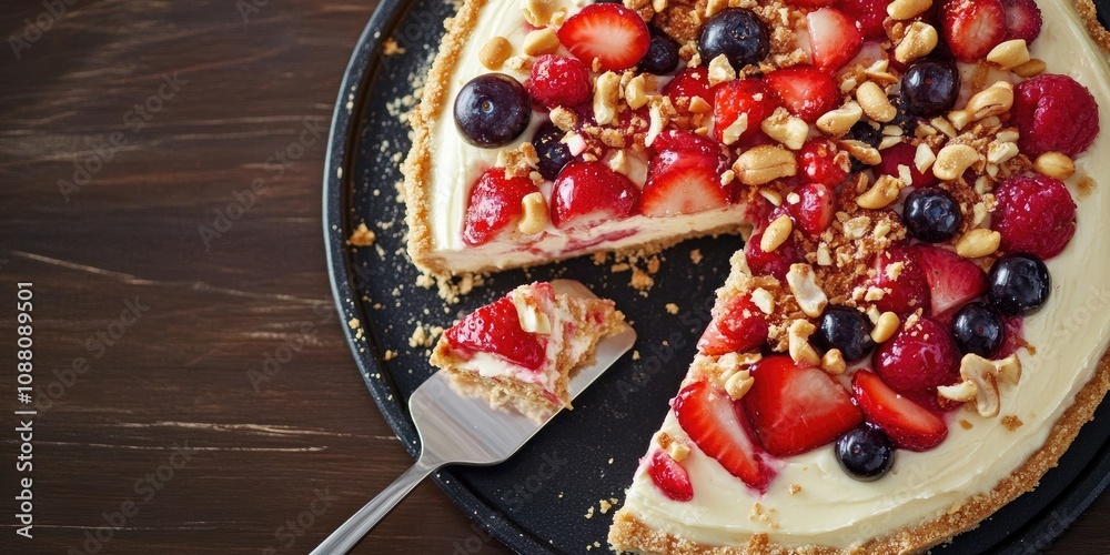 Poster cheesecake topped with fruits and peanuts, with a slice on a spatula, viewed from above.