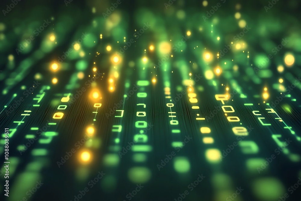 Fototapete Abstract green digital binary code background with glowing particles.