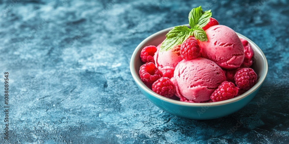 Poster raspberry sorbet, an ice cream scoop topped with fresh berries in a bowl against a blue stone backgr