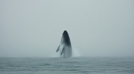 Fototapeta premium Humpback whale breaching in misty ocean.