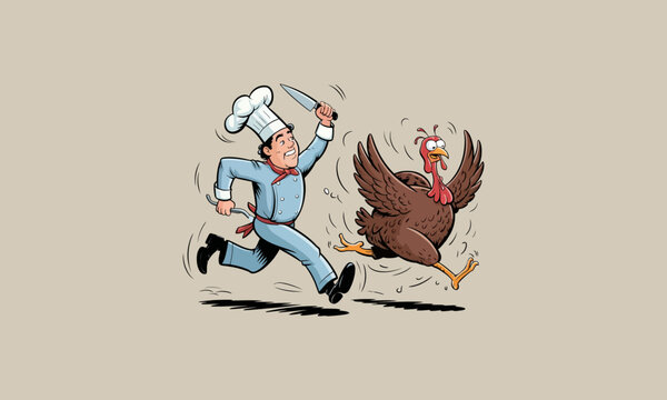 Chef chasing turkey with knife in a humorous scene