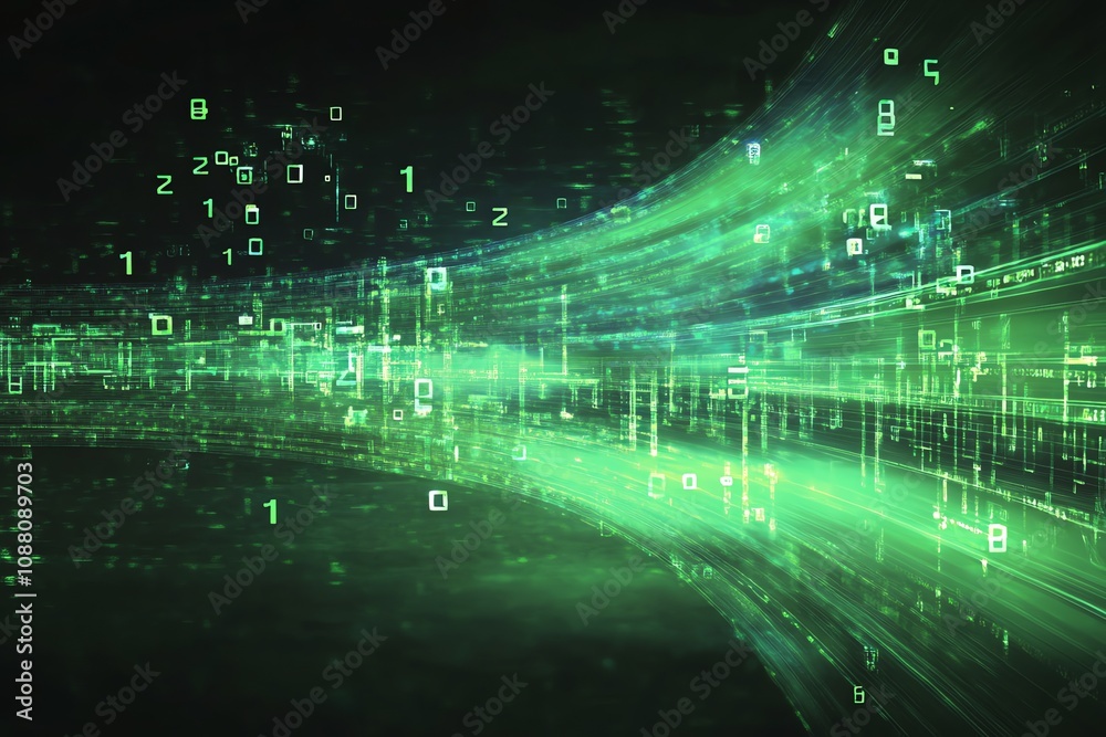 Fototapete Abstract green digital data stream, flowing binary code, technology background.