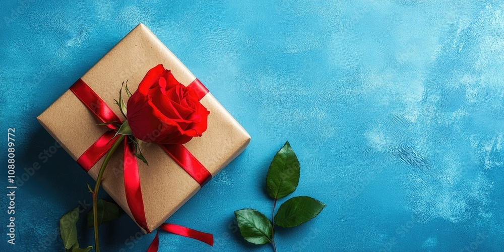 Poster a red rose and a ribboned gift box are on a table with a blue background. this is a high angle view.