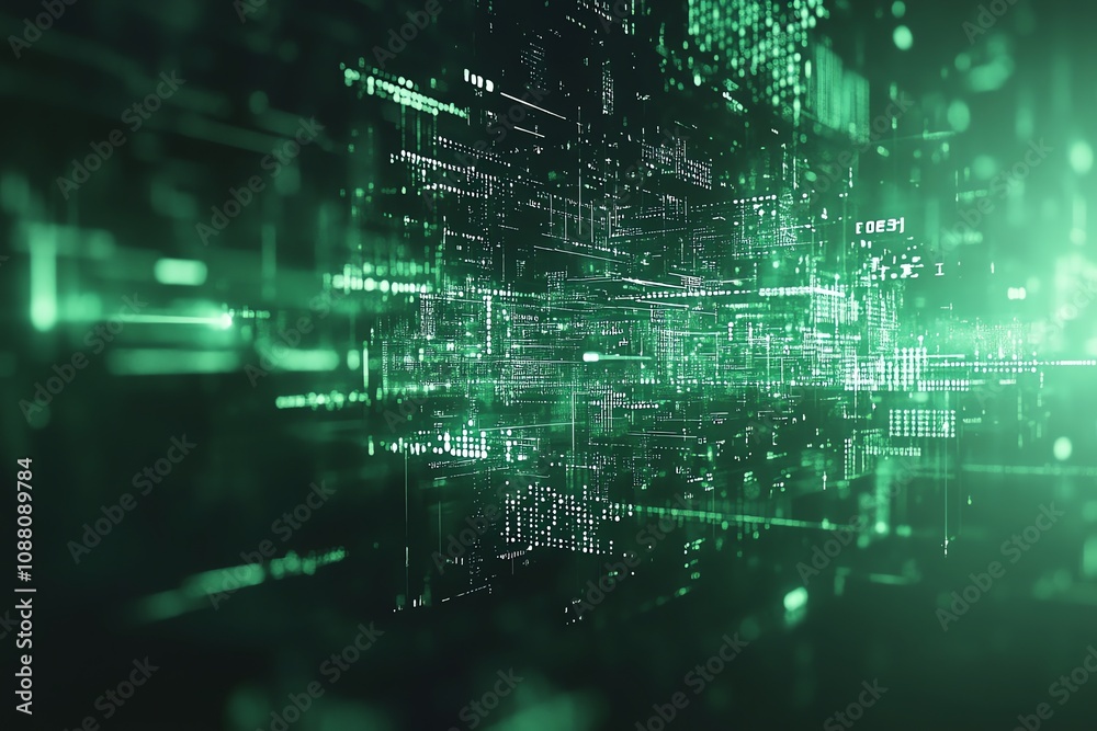 Poster Abstract green digital data stream flowing through a futuristic cyberspace.