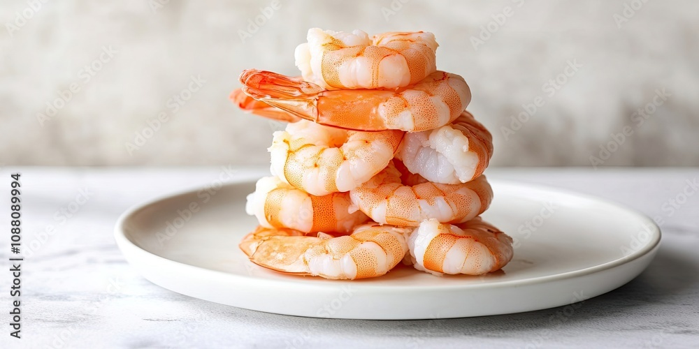 Poster a stack of frozen shrimp on a white plate against a white backdrop. copy space.