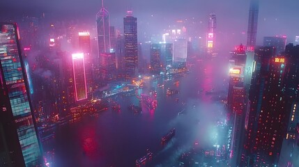 Obraz premium A vibrant night view of a futuristic cityscape with colorful neon lights.