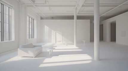 Obraz premium Sunlit minimalist white interior space with sofa and empty walls.