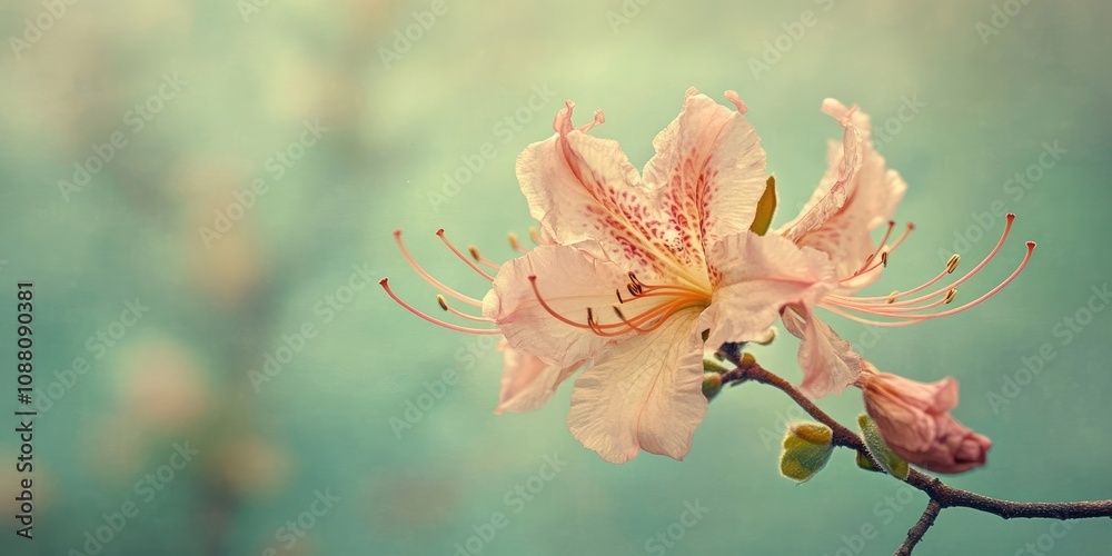 Poster A desiccated azalea with stamens. Macro shot. Softly blurred green backdrop. Shallow depth of field. Copy space. Toned photograph.