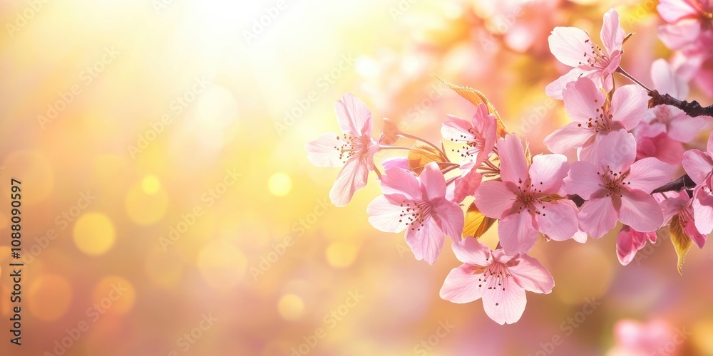 Poster horizontal banner featuring pink sakura flowers against a sunny background. a lovely spring nature b