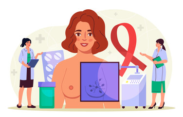 Mammologist with woman. Mammology and medicine. Healthcare and treatment. Anatomy and biology. Diagnosis of patient health. Flat vector illustration