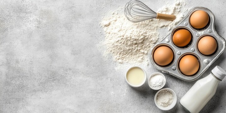 Cooking concept featuring baking tools and ingredients. Flour, a muffin tin, whisk, a bottle of milk, and a carton of eggs on a concrete background. High key food photography with copyspace.