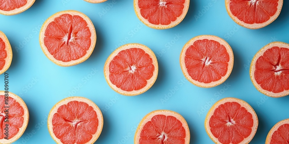 Poster grapefruit pattern on a blue backdrop. top view. creative design, minimal flat lay concept. summer s