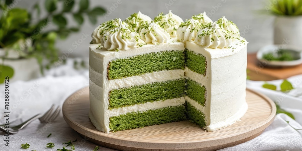 Poster Pandan Layer cake filled with custard and topped with buttercream frosting.