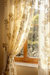 Elegant Sheer Curtains with Floral Pattern and Sunlight Streaming Through a Window