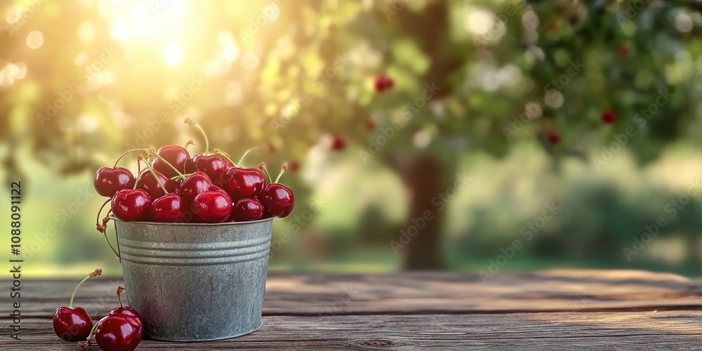Poster ripe cherries in a bucket on a wooden table with a tree in the background. fresh summer fruits.