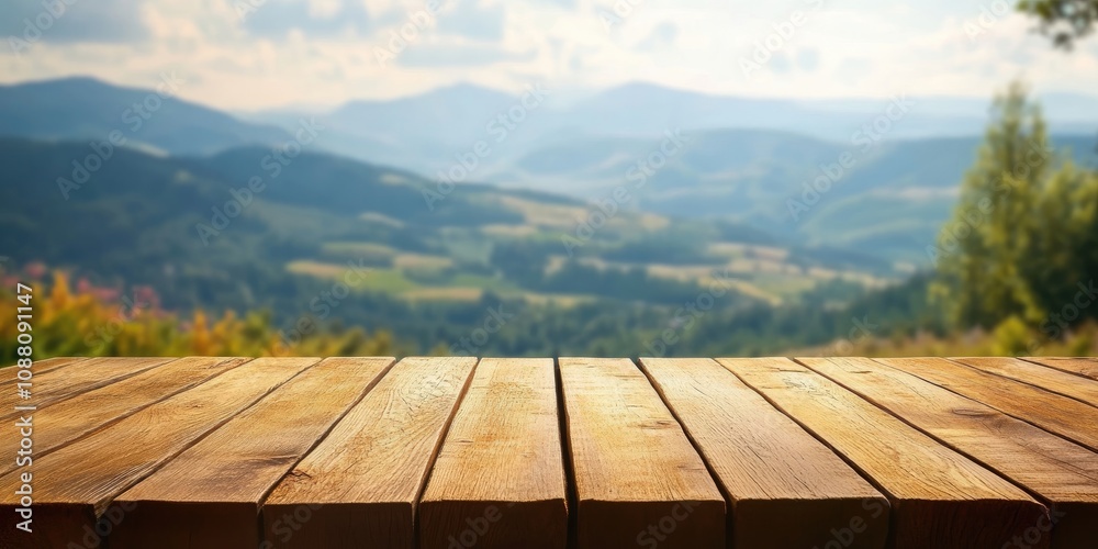 Aufkleber Empty wooden table with a blurred background of a summer landscape in a mountainous region. Suitable for displaying or showcasing products.