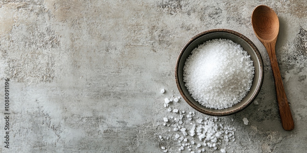 Poster bowl and spoon containing sea salt on a lightly textured table, viewed from above. banner layout wit