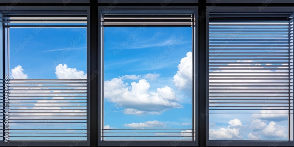 Aufkleber windows seen through other windows and blinds. modern office design blending with the sky. abstract 