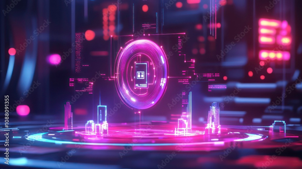 Canvas Prints a futuristic holographic display with a glowing circle in the center and a futuristic city in the ba