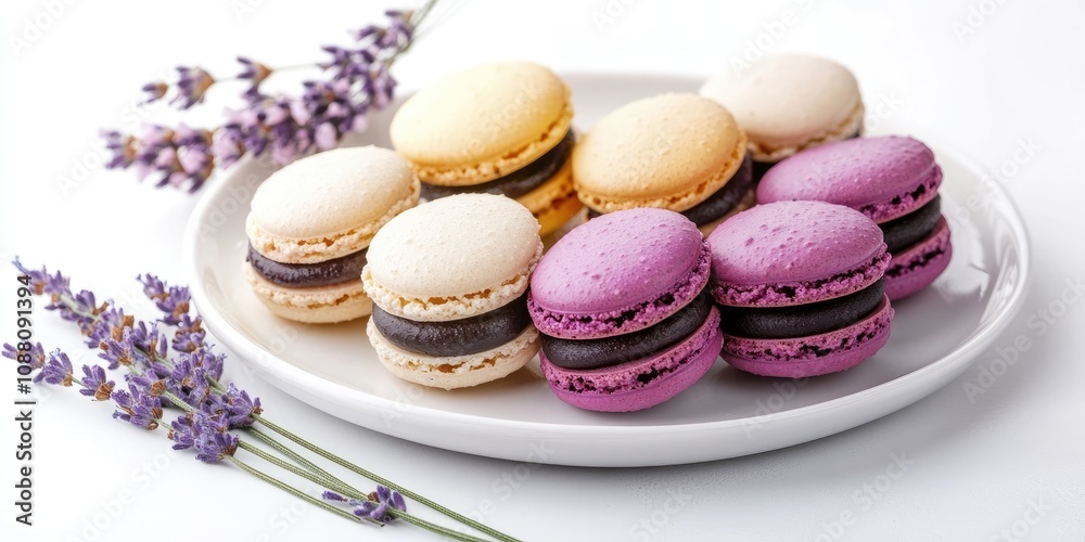 Poster macarons on a white plate with lavender set against a white background. arranged vertically.