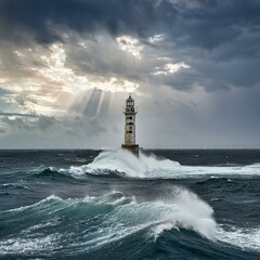 single lighthouse in middle of ocean crashing waves