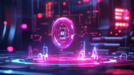 A futuristic holographic display with a glowing circle in the center and a futuristic city in the background.