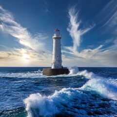 single lighthouse in middle of ocean crashing waves