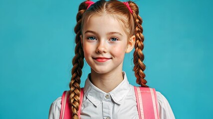 A young girl with long pink hair and a pink backpack is smiling. She is wearing a white shirt and has her hair in pigtails