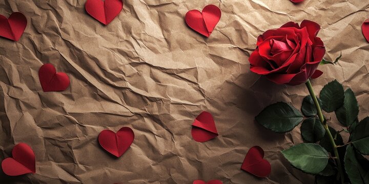 Red rose and red paper heart shapes on a brown crumpled paper background, top view. Valentine's Day holiday concept. Copyspace.