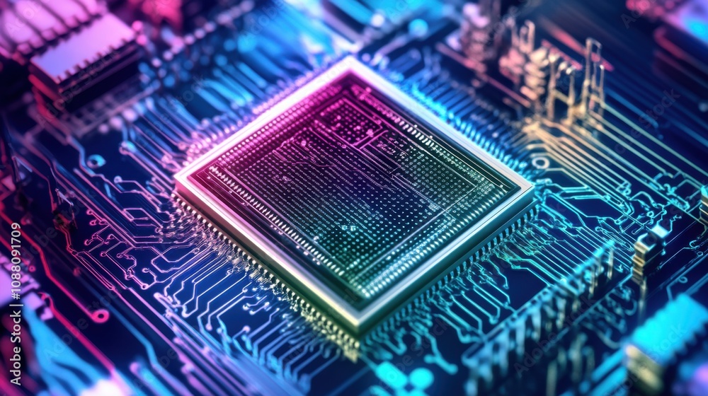 Aufkleber A detailed close-up of a quantum computing chip layout, illustrating qubit arrangement and connectivity for quantum information processing, Quantum computing technology style