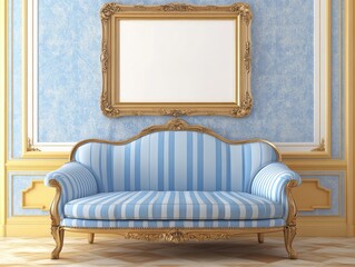 Elegant Blue Striped Sofa with Gilded Frame and Gold Ornate Picture Frame