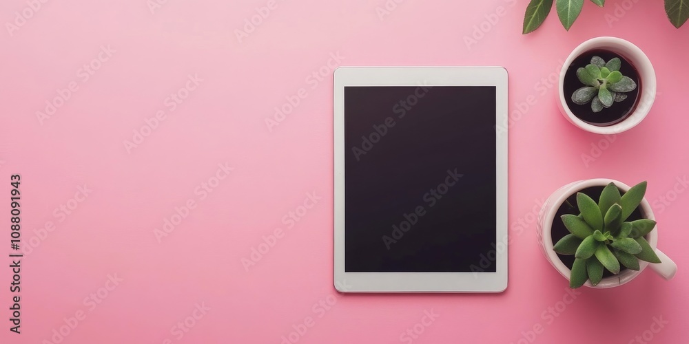 Aufkleber flat lay arrangement featuring a modern tablet on a pink background. area for text.