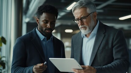 Seasoned businessman utilizes tablet, guiding younger colleague in a dynamic modern office, fostering collaborative discussions and knowledge exchange.