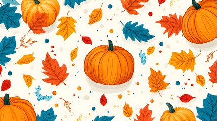 Decorative autumn pattern with pumpkins and colorful leaves.