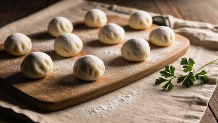 Nine flour-dusted dough balls on wooden board with parsley sprig