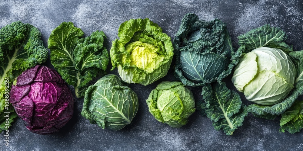 Poster flat lay arrangement featuring various cabbages on a grey backdrop.