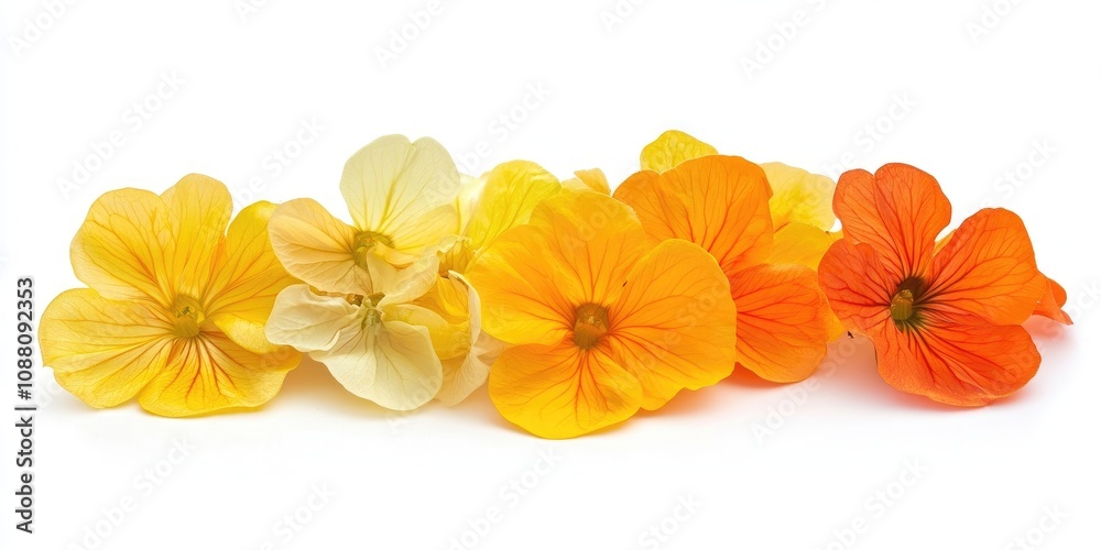 Poster studio shot of yellow and orange colored nasturtium isolated on a white background. large depth of f