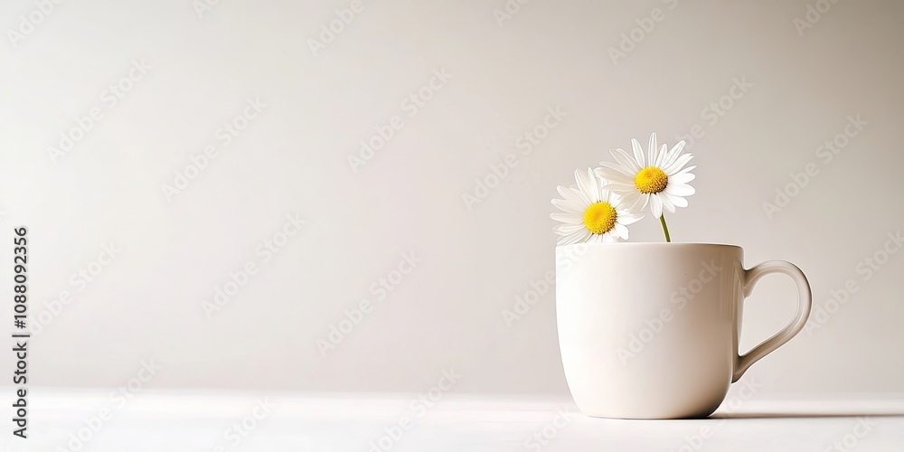 Poster close-up high key cup and daisy with copyspace on the right.