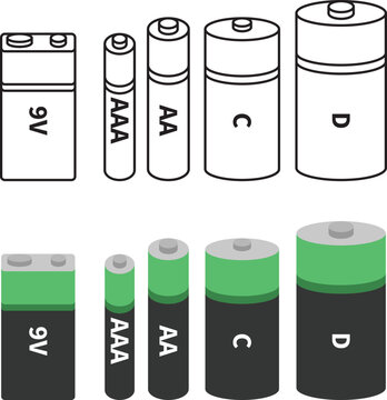 Collection of common battery types. AA, AAA, C, D and 9V batteries for electronics. 