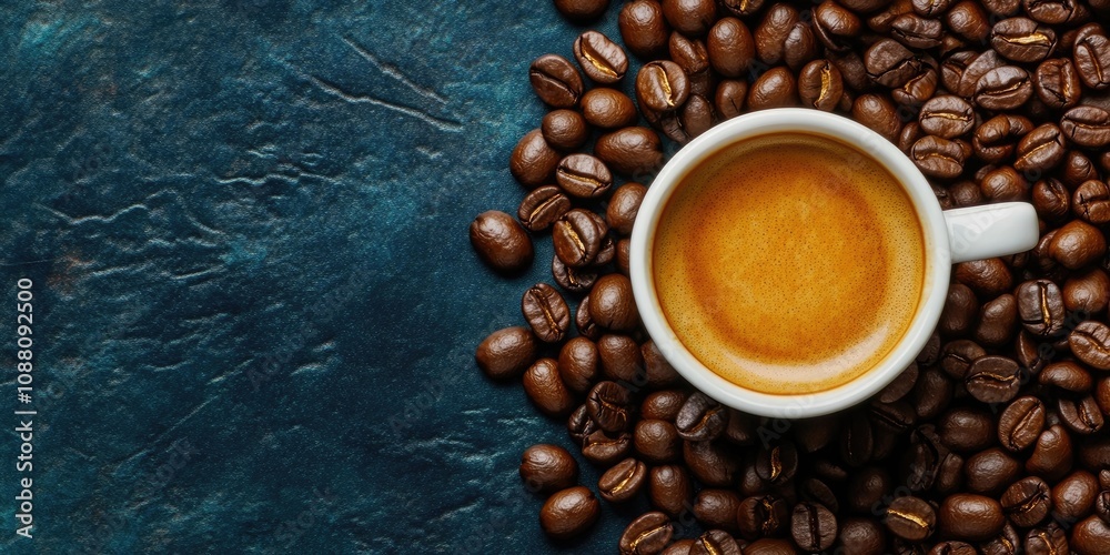 Poster a cup of hot espresso on a mound of roasted coffee beans with available space for design or text.