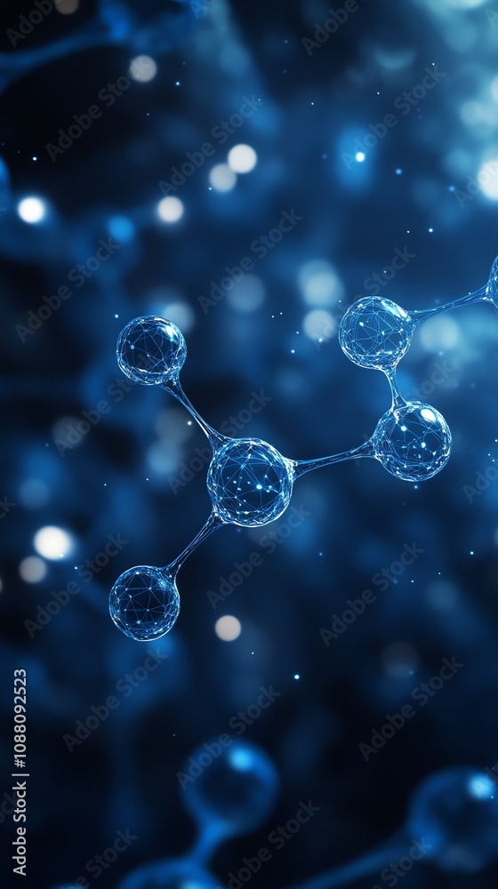 Poster abstract molecule model. blue glowing spheres connected by lines against a dark background.