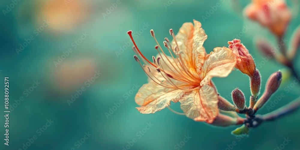 Poster A desiccated azalea with stamens. Macro shot. Softly blurred green backdrop. Shallow depth of field. Copy space. Toned photograph.
