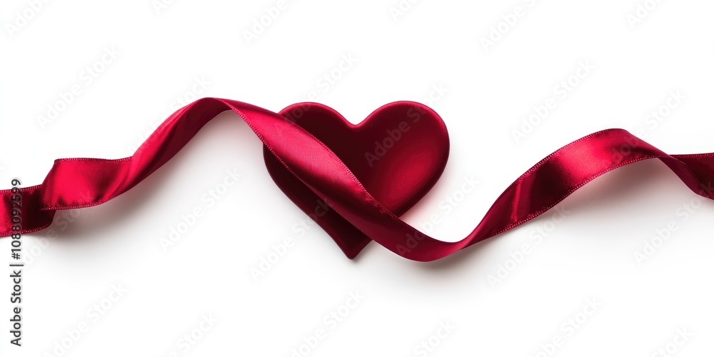 Poster red satin ribbon in a heart shape isolated on a white background.