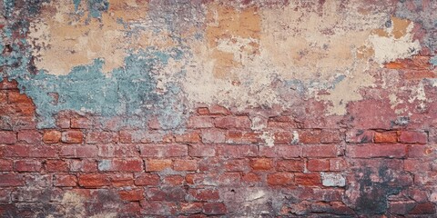 Empty Aged Brick Wall Texture. Painted Worn Wall Surface. Grungy Broad Brick Wall. Grunge Red Stone Wall Background. Dilapidated Building Facade With Impaired Plaster. Abstract Web Banner. Copyspace.