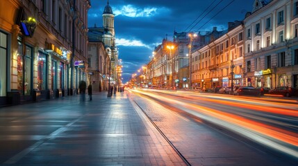 Naklejka premium As evening descends, car lights streak along the city street, creating a vibrant atmosphere in a lively urban setting. Generative AI