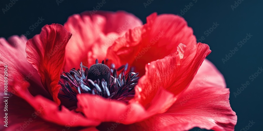 Poster closeup or macro image of a stunning red opium flower with copyspace.