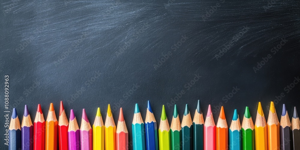 Poster Group of Objects Close Up Concept Back to School Colorful Pencils Notebook Black Chalkboard Background Behind. Design Copyspace Educational Supplies